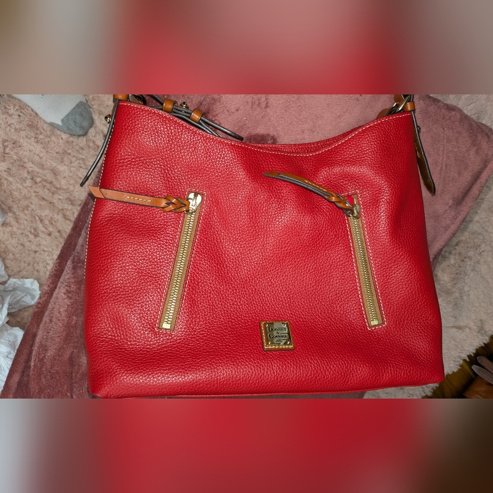 Dooney & Bourke Pebble Grain Cooper Hobo‎ Shoulder Bag Lg Scarlet Red & Tan New